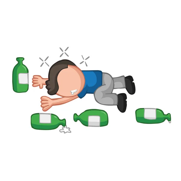 Векторная Карикатура Пьяного Мужчину Лежащего Полу Пустыми Пивными Бутылками — стоковый вектор