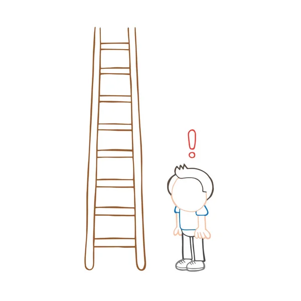 Векторная Нарисованная Вручную Карикатура Человека Выглядящего Деревянной Лестницей Восклицательным Знаком — стоковый вектор