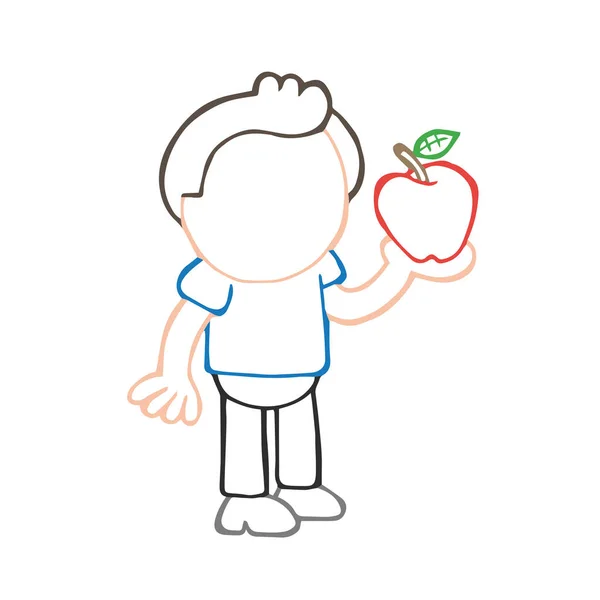 Vector Hand Drawn Cartoon Illustration Man Standing Holding Red Apple — Stock Vector