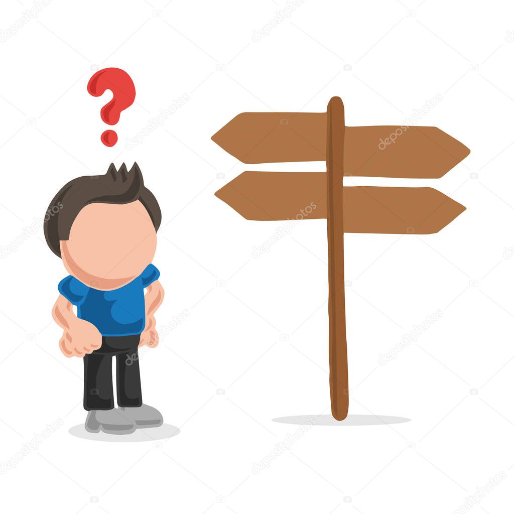 Vector hand-drawn cartoon illustration of confused lost man standing in front of directional sign.