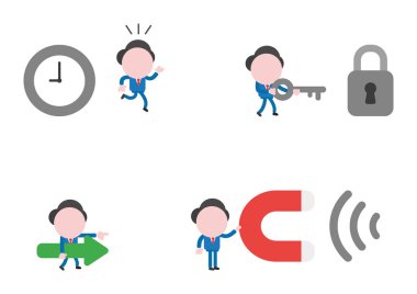 Vector illustration set of businessman mascot character running away from clock, carrying key to padlock, walking and holding arrow and holding magnet. vector Vector illustration set of businessman mascot character running away from clock, carrying key to padlock, walking and holding arrow and holding magnet. vector
