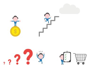 Dolar parasının üzerinde duran, merdivenlerden buluta koşan, soru işaretlerinden kaçan, üzerinde çek işaretleri ve alışveriş arabası olan pano tutan işadamı maskotu karakterinin vektör çizimi.