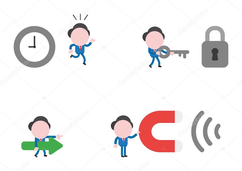 Vector illustration set of businessman mascot character running away from clock, carrying key to padlock, walking and holding arrow and holding magnet.