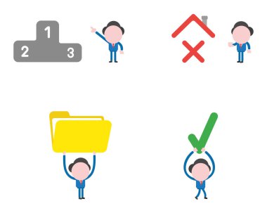 Birinciliği kazanan podyum, işaret eden işadamı maskot karakter kümesi illüstrasyon vektör ile x işareti açık açık dosya klasörü tutarak ve onay işareti taşıyan evin çatısı altında.