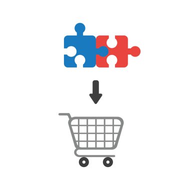 Vektör çizim simgesini kavramı alışveriş sepeti içinde iki bağlı jigsaw puzzle parçaları.