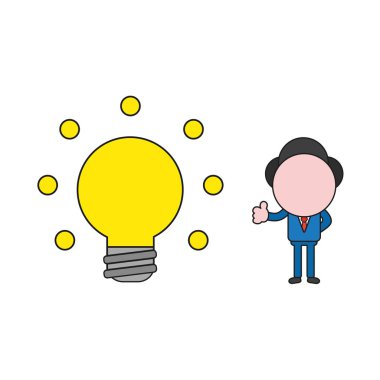 Vektör illüstrasyon parlayan ampul ve başparmak-up gösterilen işadamı karakter kavramı. Renk ve siyah anahatlar.