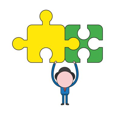 Vektör çizim iki bağlı yapboz parçalarını tutan işadamı karakter kavramı. Renk ve siyah anahatlar.