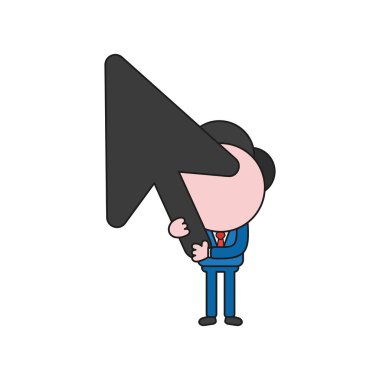 Vektör çizim fare ok imleci tutan işadamı karakter kavramı. Renk ve siyah anahatlar.