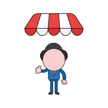 Vektör çizim başparmak-up dükkanı store tente altında veren işadamı karakter kavramı. Renk ve siyah anahatlar.