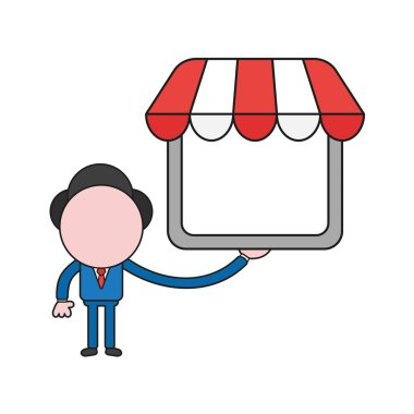 Vektör çizim mağaza tutan işadamı karakter kavramı. Renk ve siyah anahatlar.