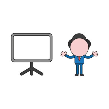 Vektör illüstrasyon kavramı boş sunu grafik ile işadamı karakteri. Renk ve siyah anahatlar.