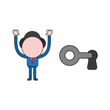 İşadamı vektör illüstrasyon kavramı kilit karakter veya anahtar deliği ile anahtar kilidini. Renk ve siyah anahatlar.