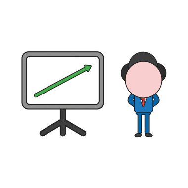 Vektör illüstrasyon kavramı kadar hareketli satış grafiği ok ile işadamı karakteri. Renk ve siyah anahatlar.