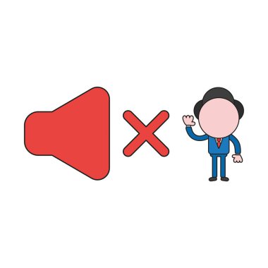 Vektör illüstrasyon kavramı ses kapalı sembolü ile işadamı karakteri. Renk ve siyah anahatlar.