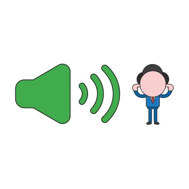 Vektör illüstrasyon kavramı sembol ve kulakları kapanış ses ile işadamı karakteri. Renk ve siyah anahatlar.