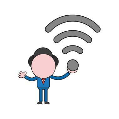 Vektör illüstrasyon kablosuz wifi sembolü tutan işadamı karakter kavramı. Renk ve siyah anahatlar.