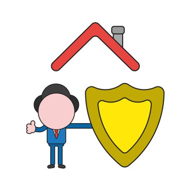 Vektör illüstrasyon kavramı koruma kalkanı ve gösteren başparmak-up tutarak evin çatısı altında işadamı karakterinin. Renk ve siyah anahatlar.