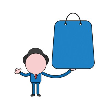 Vektör illüstrasyon kavramı işadamı karakter holding alışveriş çantası. Renk ve siyah anahatlar.