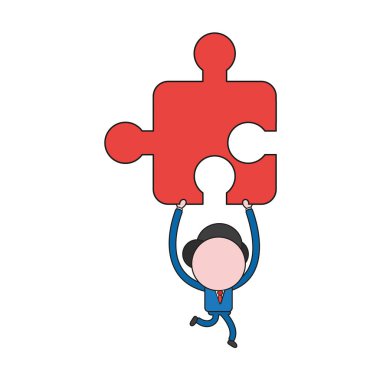 Vektör çizim çalıştıran ve eksik yapboz parçası taşıyan işadamı karakter kavramı. Renk ve siyah anahatlar.