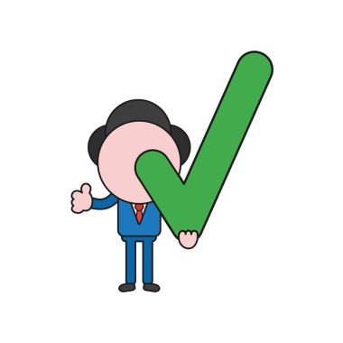 Vektör çizim onay işareti tutarak ve başparmak-up veren işadamı karakter kavramı. Renk ve siyah anahatlar.