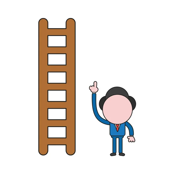Conceito Ilustração Vetorial Personagem Empresário Com Escada Madeira Apontando Para —  Vetores de Stock