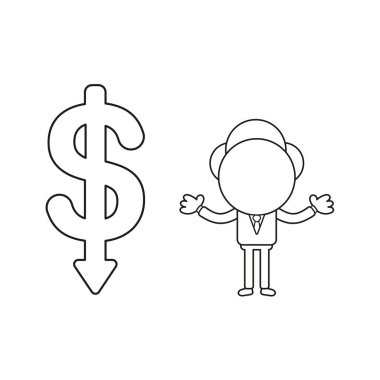 Vektör illüstrasyon kavramı doları sembolü ok aşağı hareket ile işadamı karakteri. Siyah anahat.