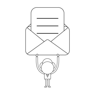 Vektör illüstrasyon kavramı işadamı karakter açılan posta zarf yazılı kağıt ile gidiyor. Siyah anahat.