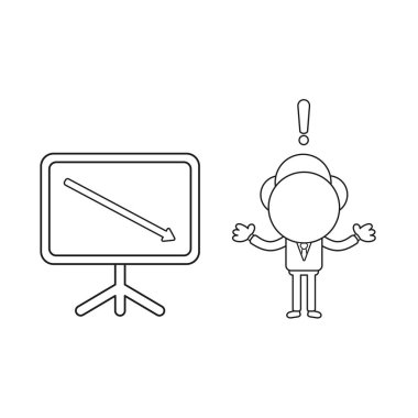 Vektör illüstrasyon kavramı satış grafiği ok aşağı hareket ile işadamı karakteri. Siyah anahat.