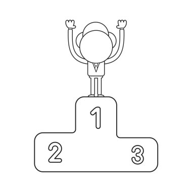 Birinciliği kazanan podyum üzerinde işadamı karakter duran vektör illüstrasyon kavramı. Siyah anahat.