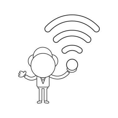 Vektör illüstrasyon kablosuz wifi sembolü tutan işadamı karakter kavramı. Siyah anahat.