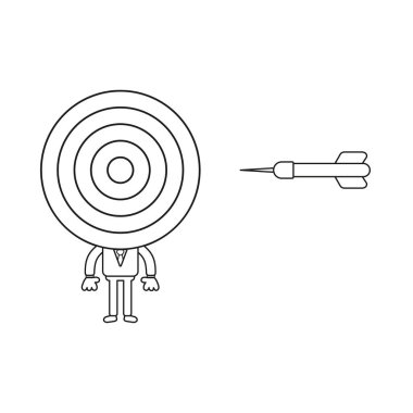 Vektör illüstrasyon kavramı boğalar göz baş ve dart ile işadamı karakteri. Siyah anahat.