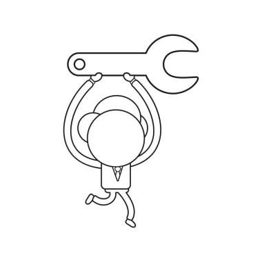 Vektör çizim çalıştıran ve gri İngiliz anahtarı taşıyan işadamı karakter kavramı. Siyah anahat.