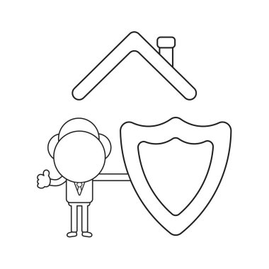Vektör illüstrasyon kavramı koruma kalkanı ve gösteren başparmak-up tutarak evin çatısı altında işadamı karakterinin. Siyah anahat.