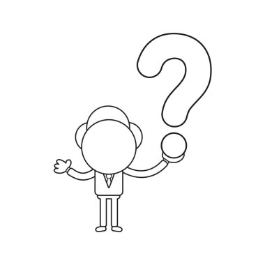 Vektör çizim işadamı karakter holding soru işareti kavramı. Siyah anahat.