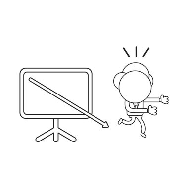 Vektör çizim satış grafiği ok aşağı hareket uzak çalışan işadamı karakter kavramı. Siyah anahat.