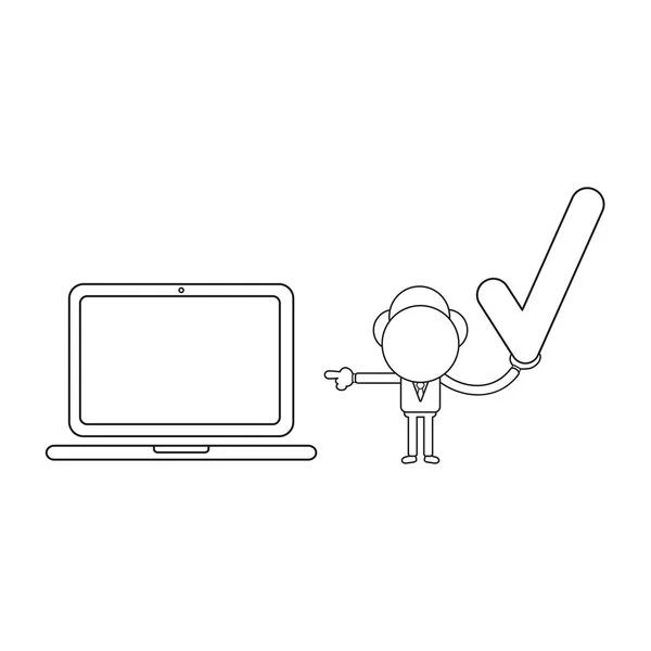 Векторна Ілюстрація Концепції Ділового Персонажа Тримає Контрольну Позначку Вказує Ноутбук — стоковий вектор
