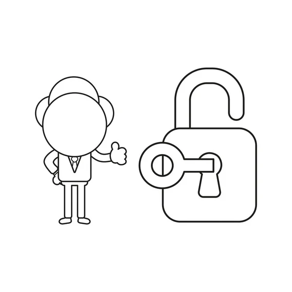 Vector Illustration Concept Businessman Character Unlocked Padlock Key Giving Thumbs — Stock Vector