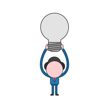 Vektör çizim ampul kadar tutan işadamı karakter kavramı. Renk ve siyah anahatlar.