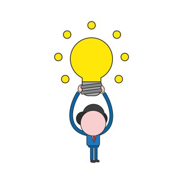 Vektör illüstrasyon parlayan ampul kadar tutan işadamı karakter kavramı. Renk ve siyah anahatlar.