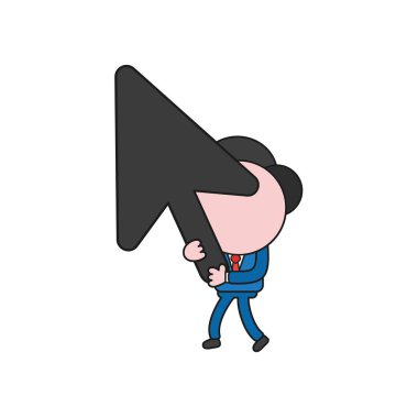 Vektör çizim yürüyüş ve fare imlecini tutan işadamı karakter kavramı. Renk ve siyah anahatlar.