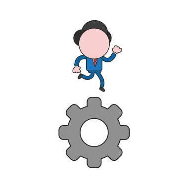 Vektör çizim dişli üzerinde çalışan işadamı karakter kavramı. Renk ve siyah anahatlar.