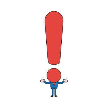 Ünlem işareti kafa ile işadamı karakterinin vektör illüstrasyon kavramı. Renk ve siyah anahatlar.