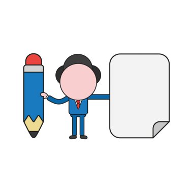 Vektör çizim kalem ve boş kağıt tutan işadamı karakter kavramı. Renk ve siyah anahatlar.