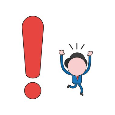 Vektör çizim ünlem işareti uzak çalışan işadamı karakter kavramı. Renk ve siyah anahatlar.