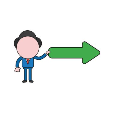 Vektör illüstrasyon kavramı şu işaret eden işadamı karakter holding ok. Renk ve siyah anahatlar.