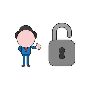 Vektör illüstrasyon kavramı ile açılan asma kilit ve başparmak-up veren işadamı karakteri. Renk ve siyah anahatlar.