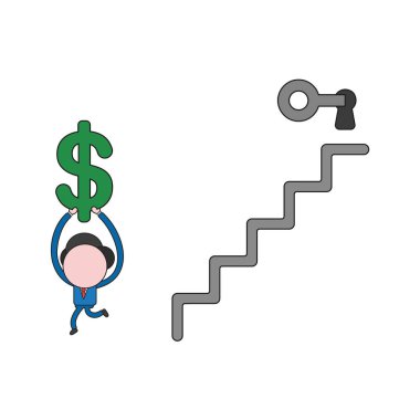 Vektör illüstrasyon kavramı işadamı karakterinin anahtar deliği ile merdiven ve taşıma doları üstündeki anahtar kilidini. Renk ve siyah anahatlar.