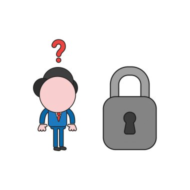 İşadamı karakter vektör illüstrasyon kavramı kapalı asma kilit karıştı. Renk ve siyah anahatlar.