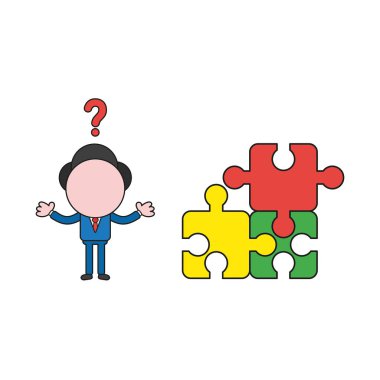 Vektör illüstrasyon kavramı işadamı karakter üç bağlı puzzle parçaları ve tek eksik parça ile karışık. Renk ve siyah anahatlar.