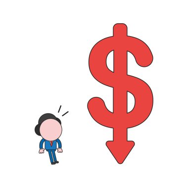 Vector illustration concept of businessman character surprised at big dollar symbol with arrow moving down. Color and black outlines.
